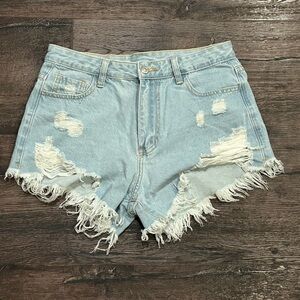 Distressed Light Blue Denim Shorts